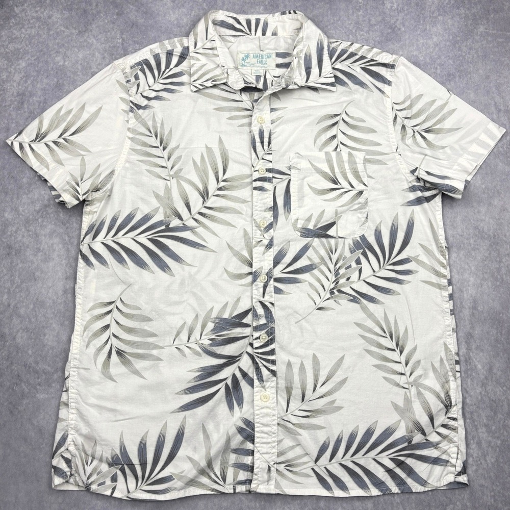 American Eagle Shirt Mens Medium White Gray Palm Tropical Resort Button Down M